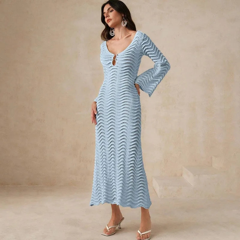 Robe crochet bleu ciel manches longues