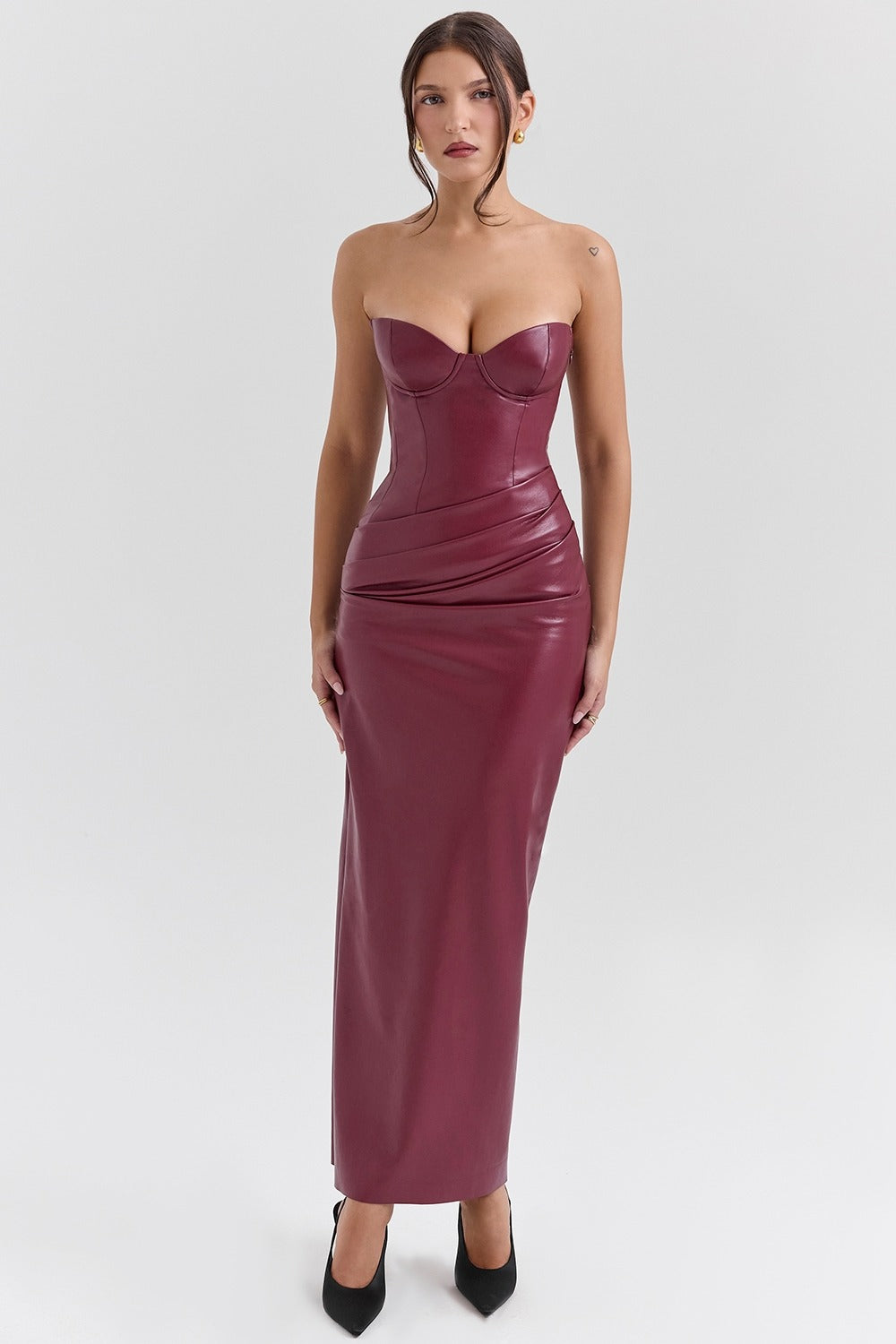 Robe longue simili cuir grenat