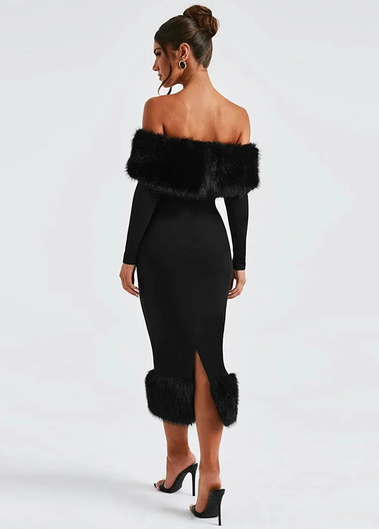 robe noire fausse fourrure-Robe Parfaite
